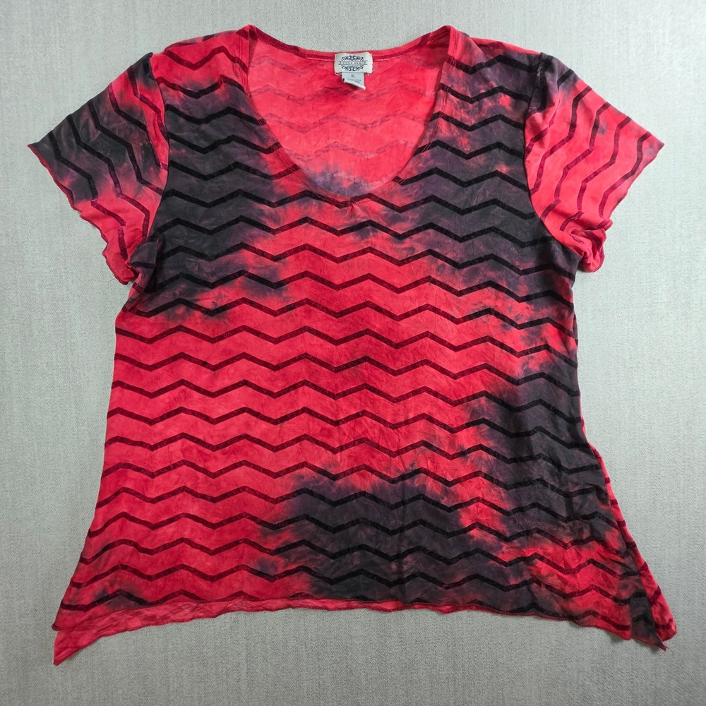 Sienna Grace Top‎ Women XL Red Tie Dye Velvet Chevron Sharkbite Hem V-Neck